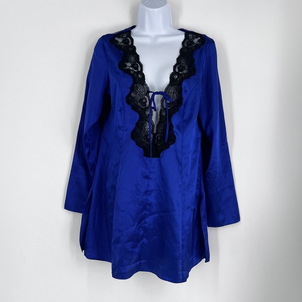 Fredericks of Hollywood Royal Blue Satin Lace Trim Long Sleeve Nightgown Small